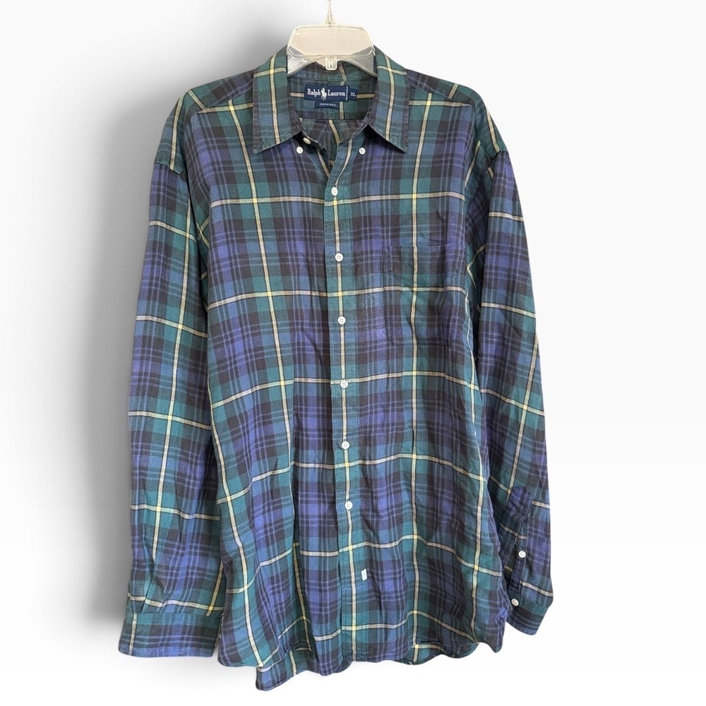Ralph Lauren Button Down Mens XL Blue Green Plaid 100% Linen Long Sleeve Vintage